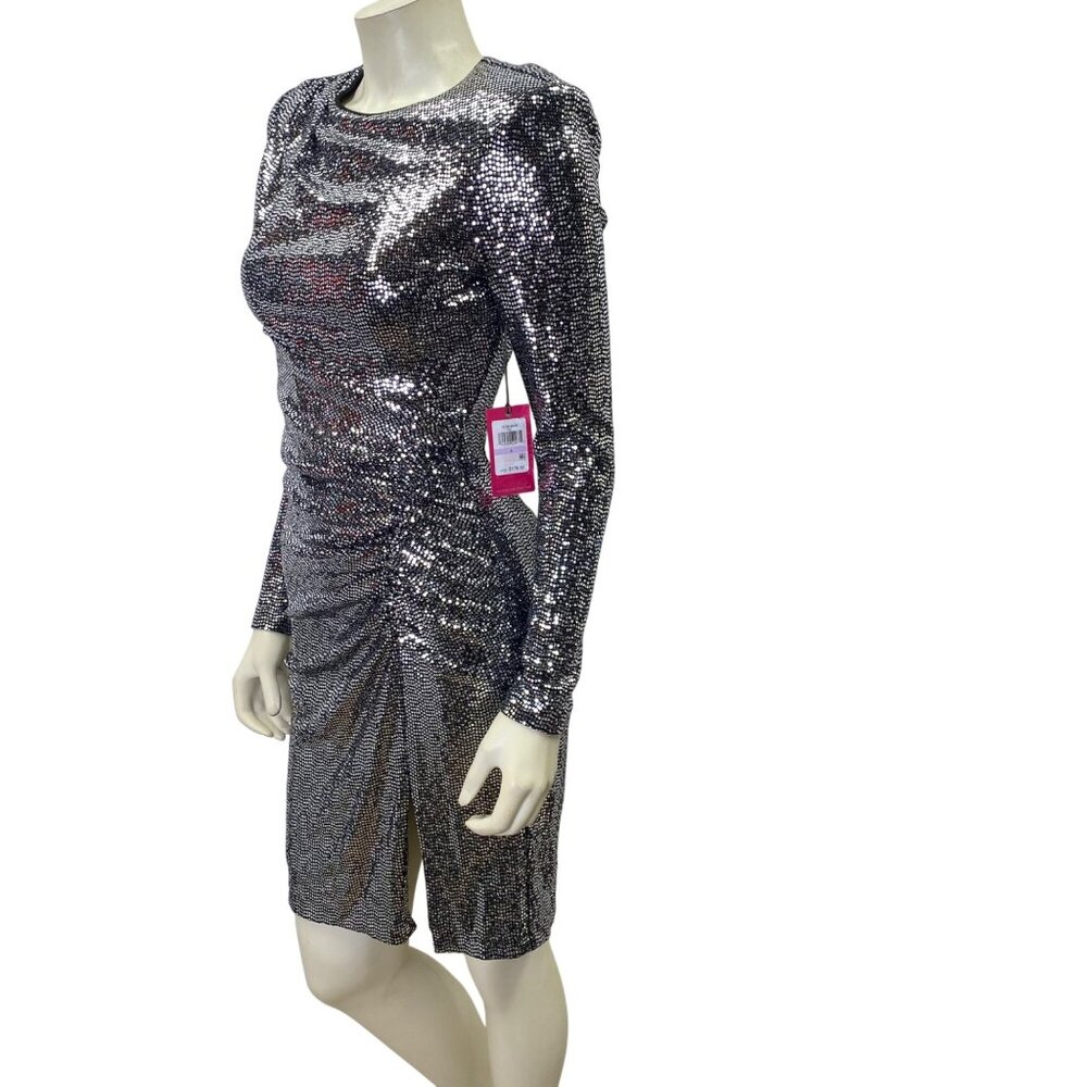 Vince Camuto‎ Silver Long Sleeve Sequin Ruched Dress Women's Evening Partywear 6 - Picture 4 of 11